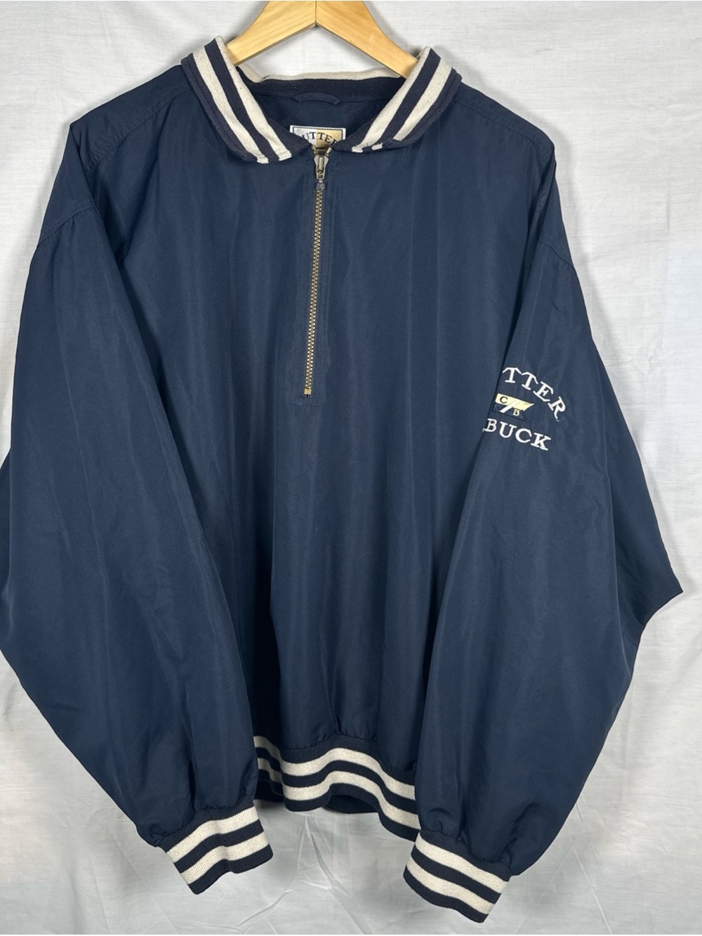 Cutter & Buck Navy and White Striped Collar Half-Zip Bomber